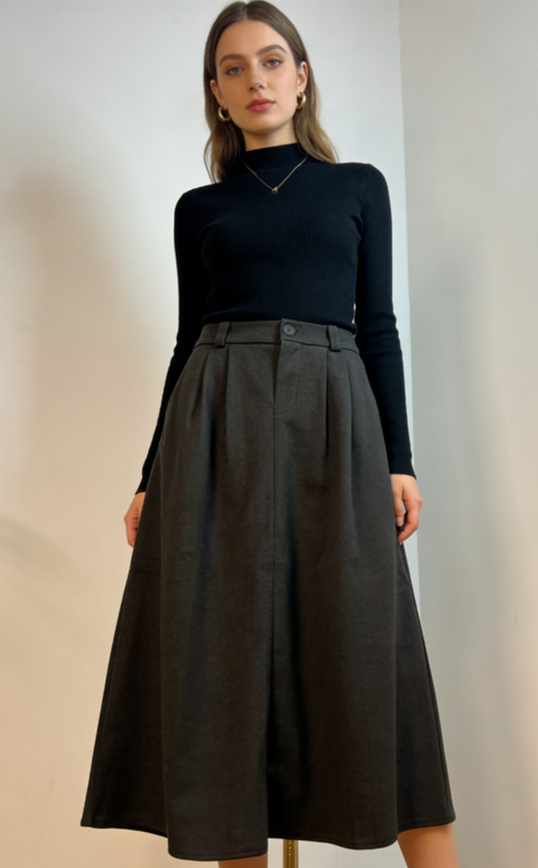 Minimal High-Waist A-Line Midi Skirt（815）