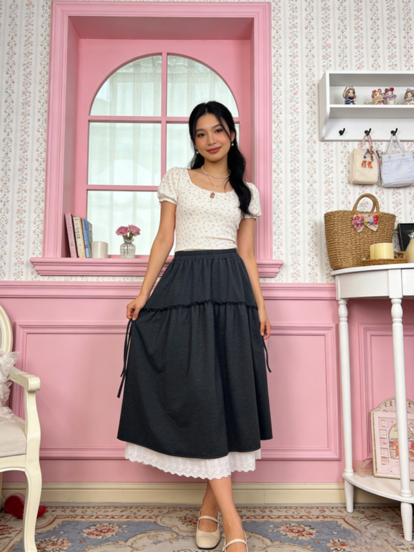 Layered Ruffle Lace-Trim Midi Skirt（2211）