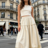 French-Inspired Cream Ruffle Midi Skirt（2511）