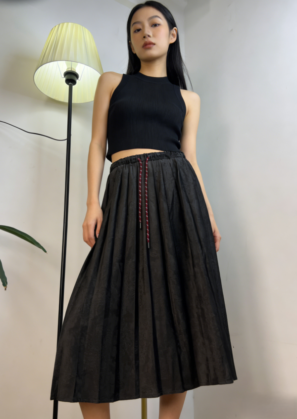 Vintage Textured Drawstring Midi Skirt（802）