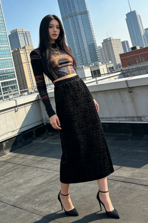 Wild Shadow Leopard Midi Skirt（Leopard print）