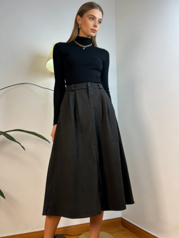 Minimal High-Waist A-Line Midi Skirt（815）