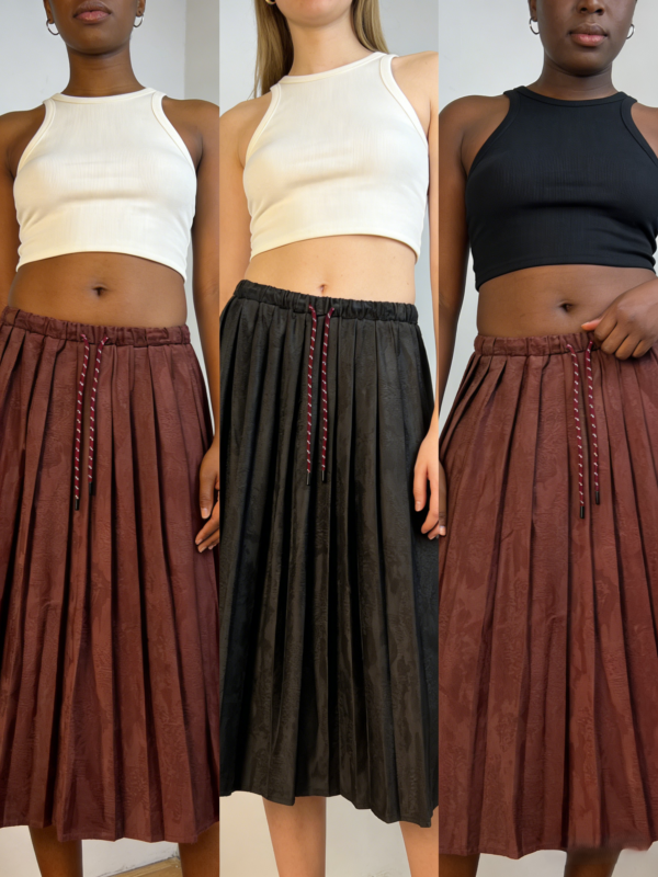 Vintage Textured Drawstring Midi Skirt（802）