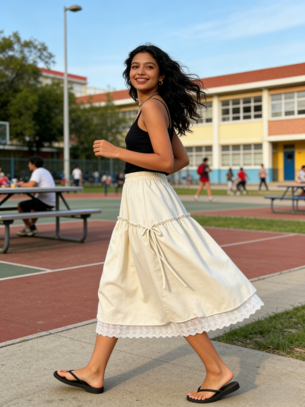 Layered Ruffle Lace-Trim Midi Skirt（2211）