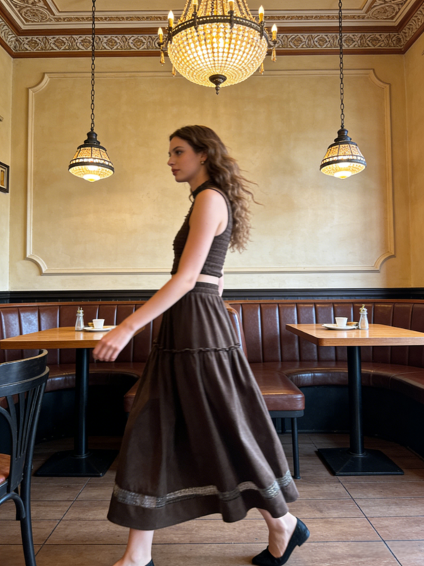 French-Inspired Cream Ruffle Midi Skirt（2511）