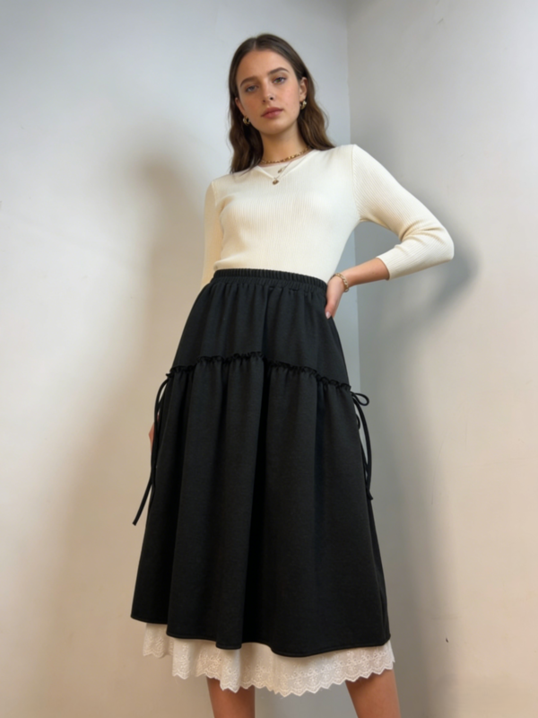 Layered Ruffle Lace-Trim Midi Skirt（2211）